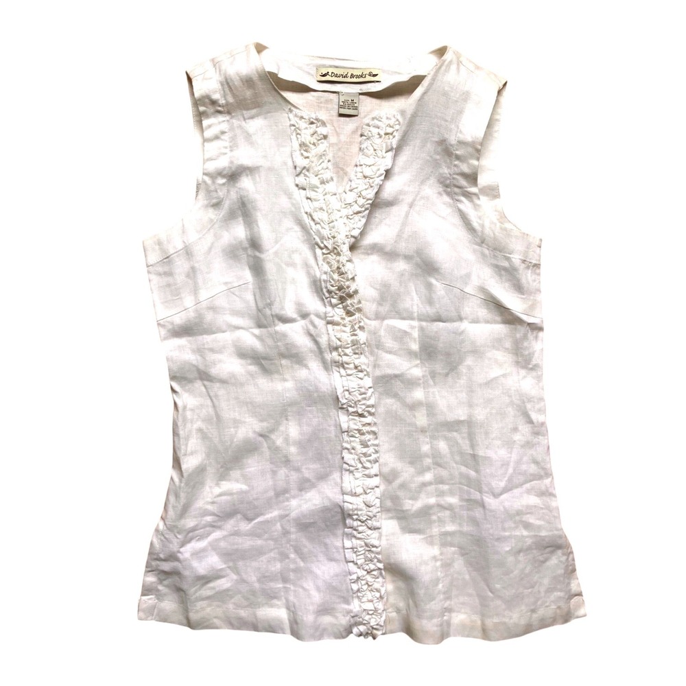 David Brooks Womens White 100% Linen Sleeveless Ruffle Trim V-Neck Blouse Size M